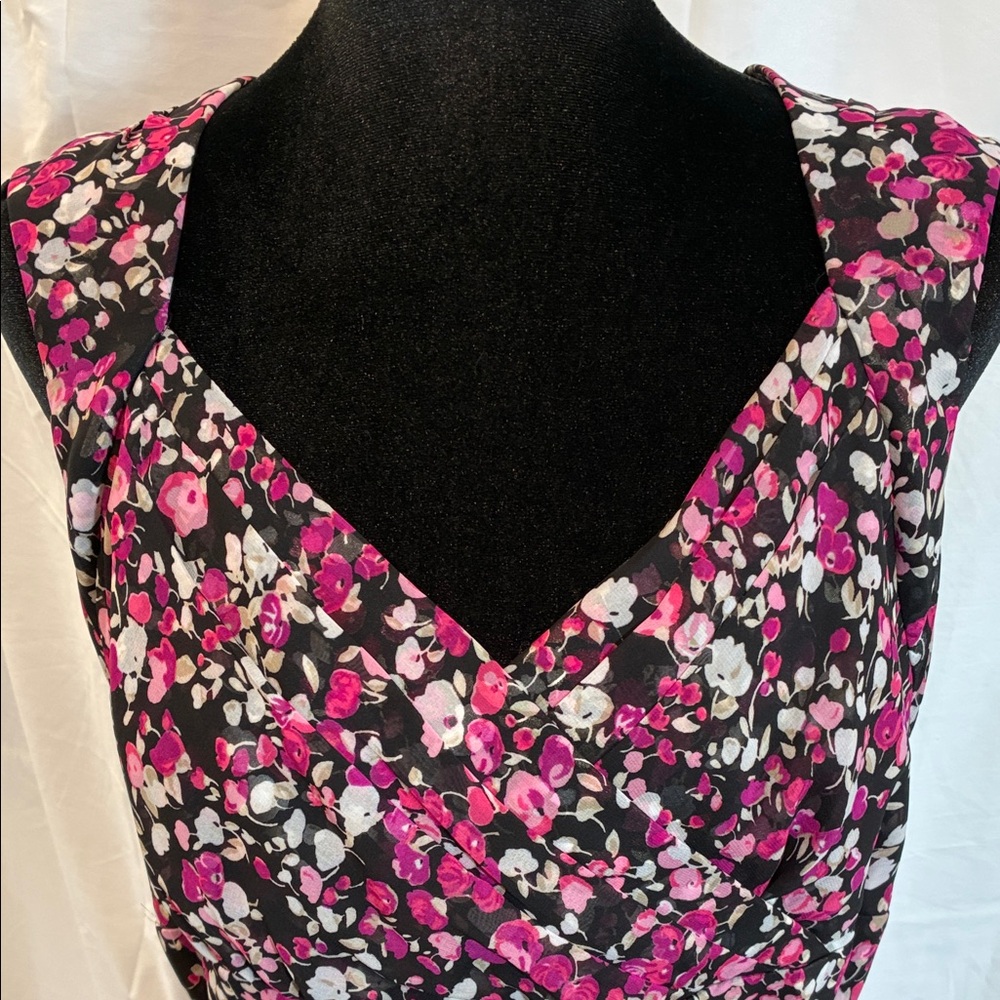 White House Black Market Black and Pink Floral Ruffle Midi Dress - Picture 3 of 15